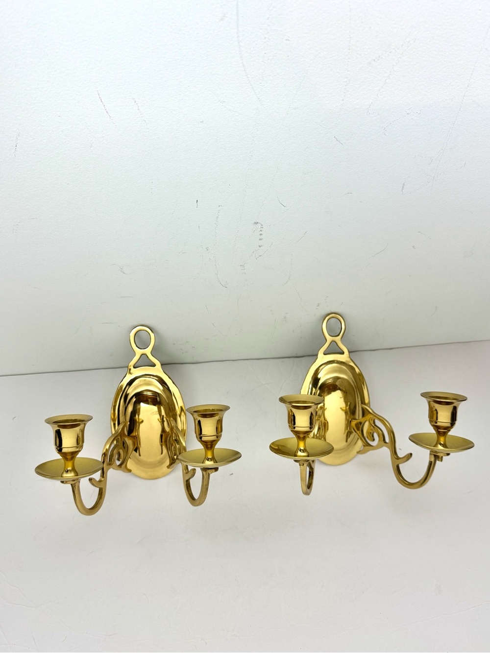 Vintage Wall Brass Mount Sconce Double Taper Candle Stick Holder Two Pieces